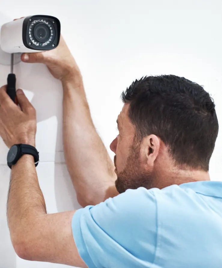 Technieker installeert een beveiligingscamera aan de muur voor een professioneel camerabewakingssysteem.